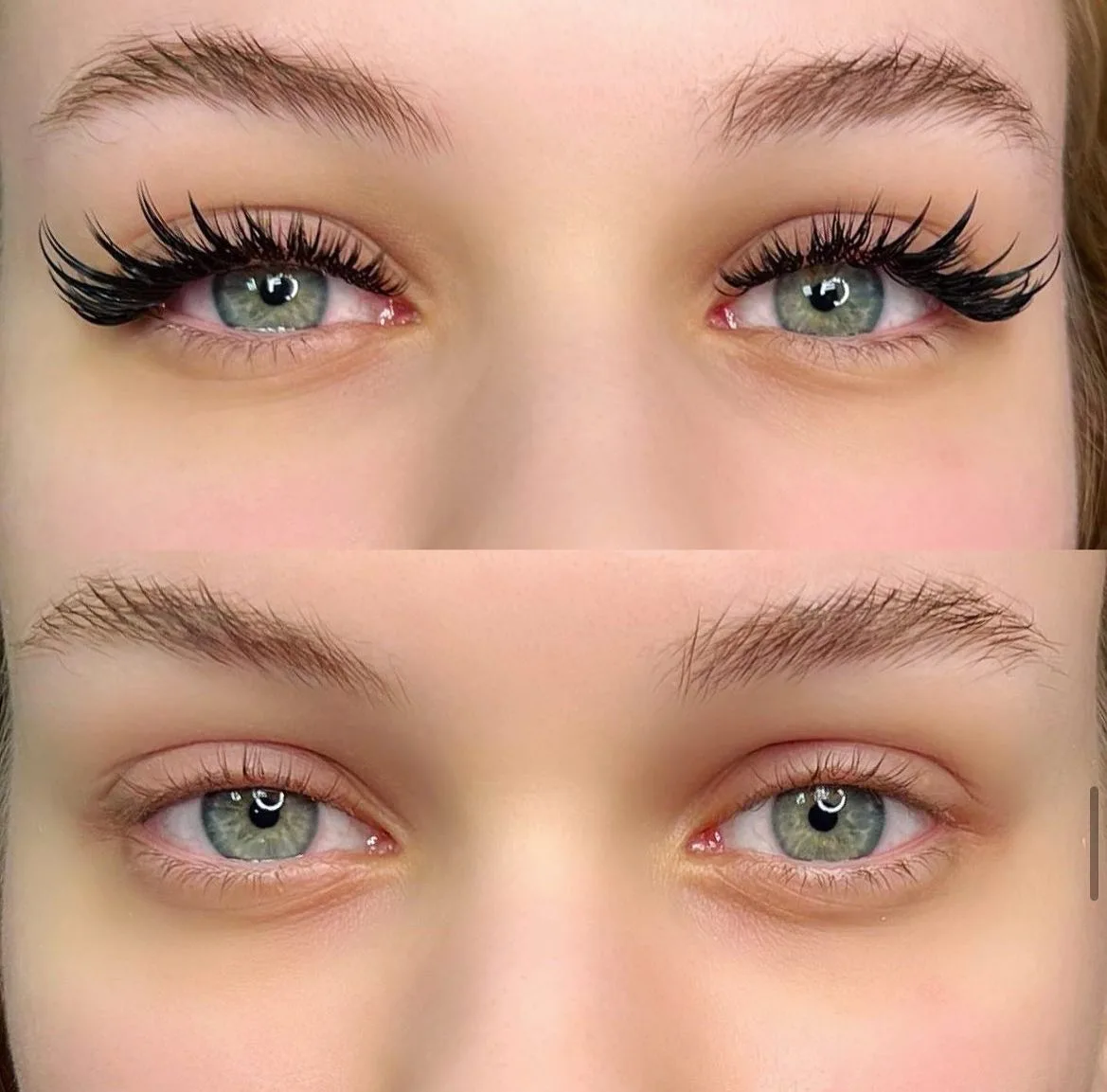 Before and after split — bare eye above, volume lash result below