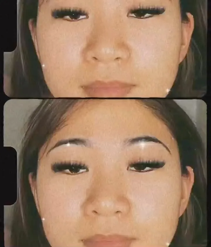 Film-look before and after — volume lash transformation